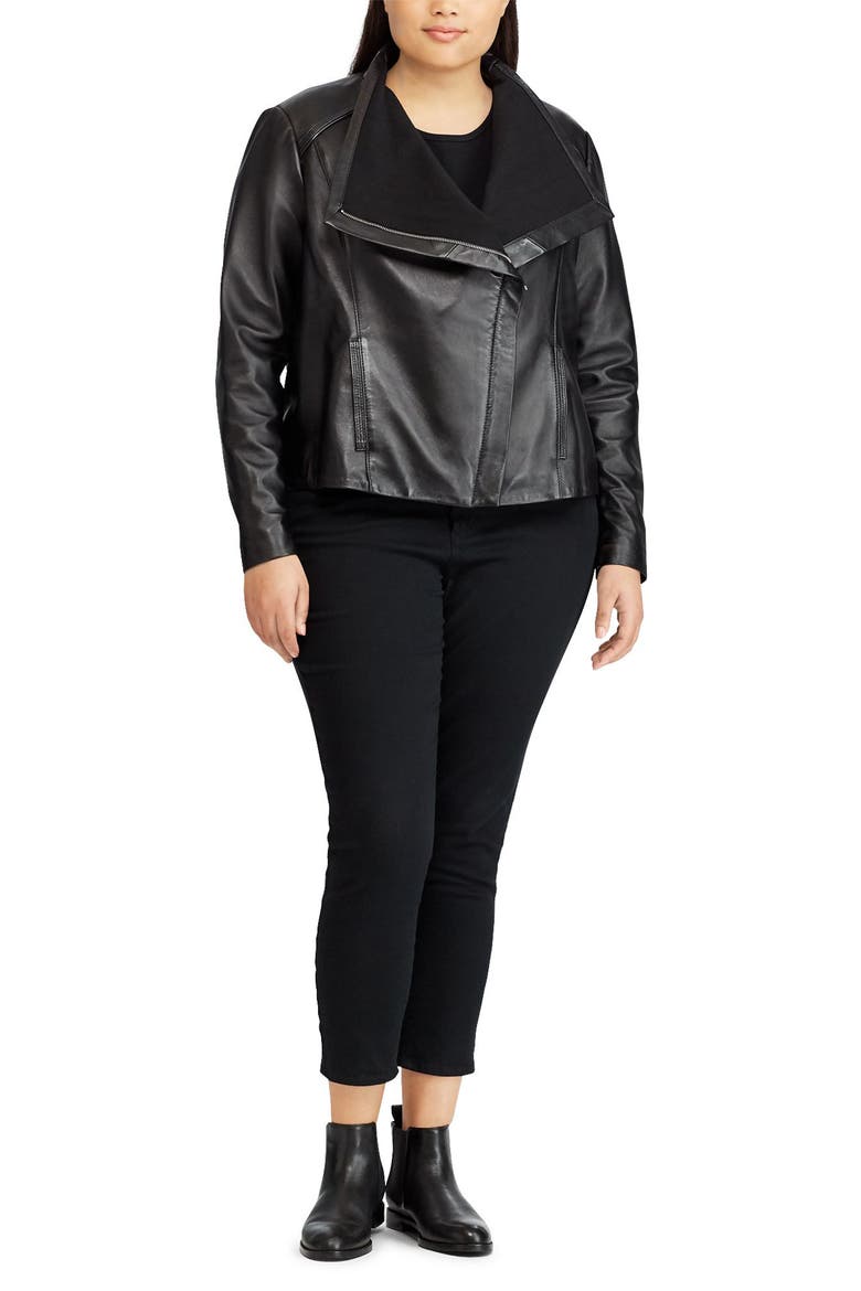 Drape Front Leather Jacket, Alternate, color, BLACK