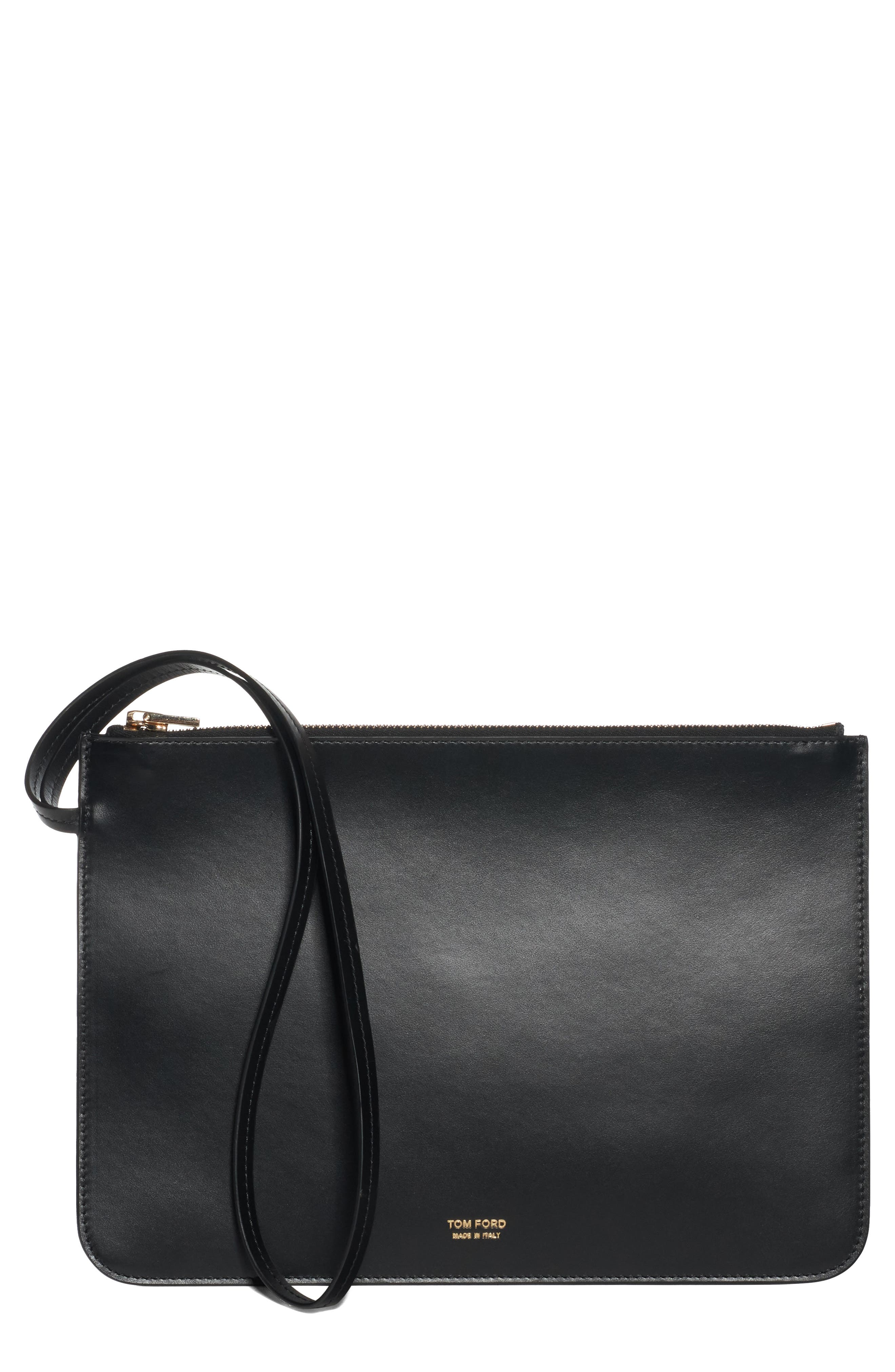 TOM FORD Zip Top Leather Wristlet, Main, color, Black