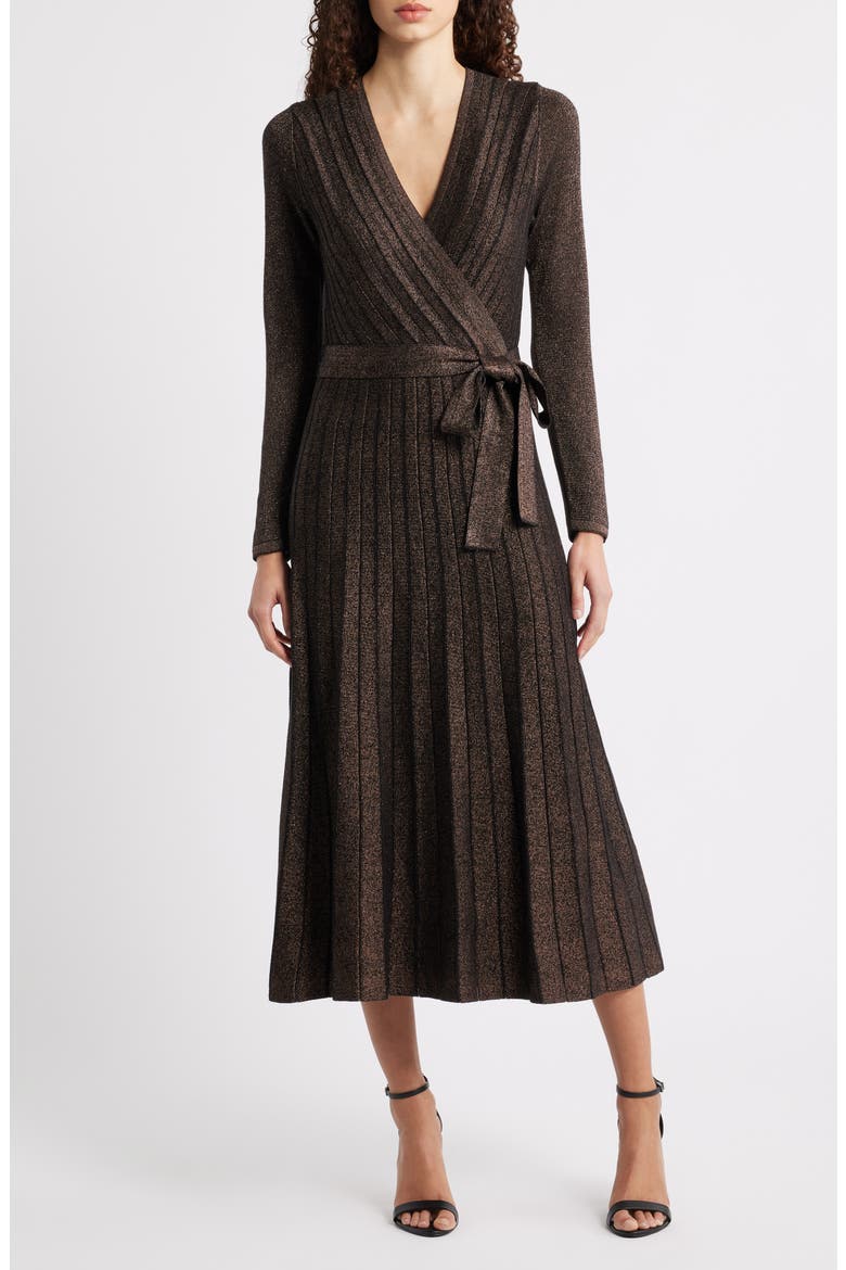 Metallic Long Sleeve Knit Midi Dress, Main, color, COPPER