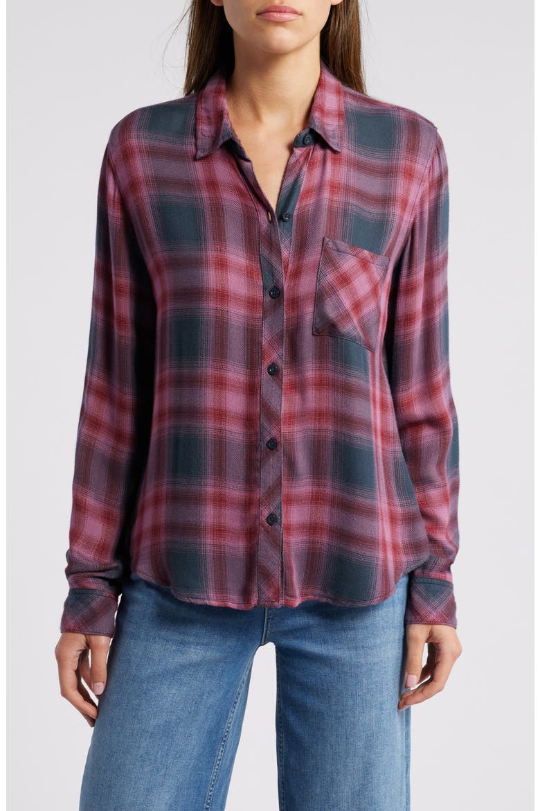 Hunter Plaid Button-Up Shirt, Main, color, DUSTY MAUVE EVERGREEN