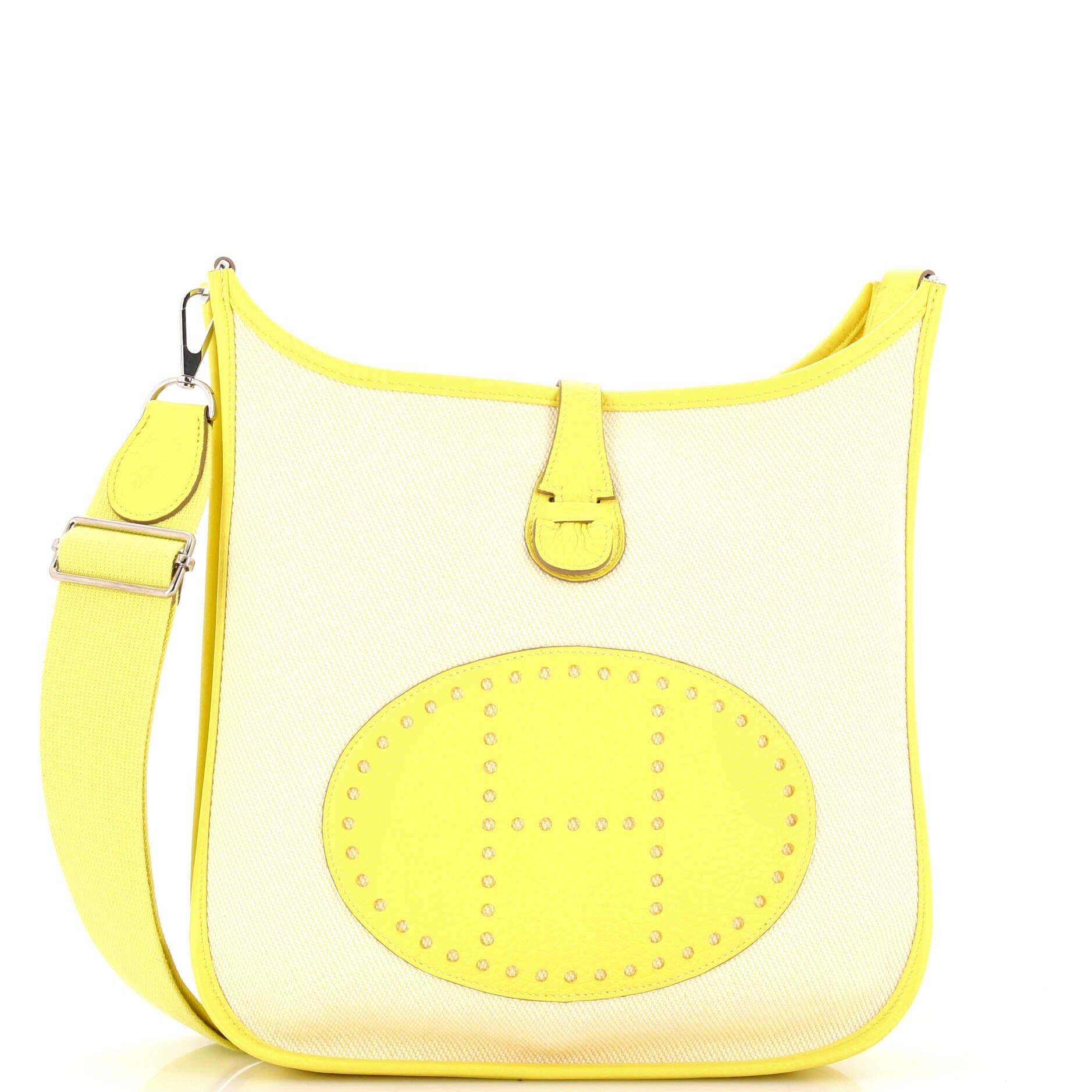 Pre-Owned Hermes Evelyne Bag Gen III Toile and Leather PM, Main, color, Lime