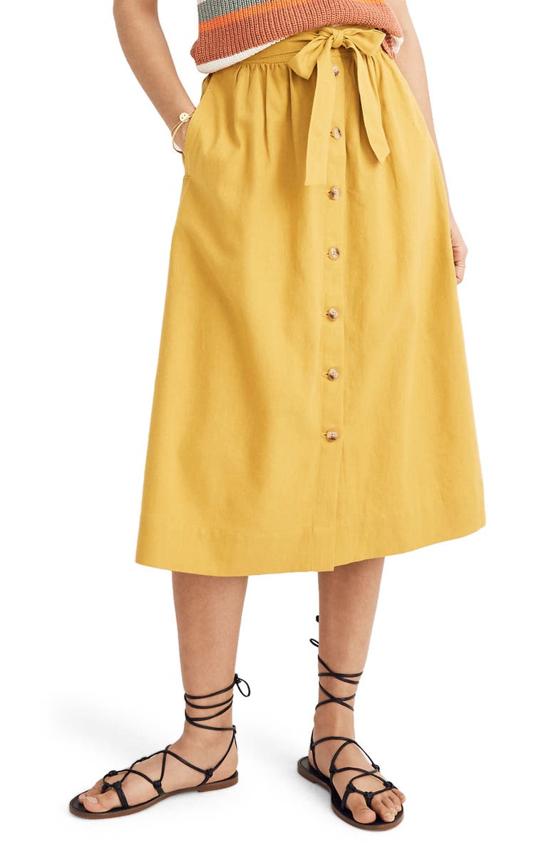 Madewell Tie Palisade Button Front Midi Skirt, Main, color,