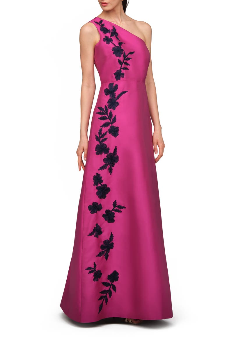 Madelyn Embroidered One-Shoulder Satin Gown, Alternate, color, ASTER