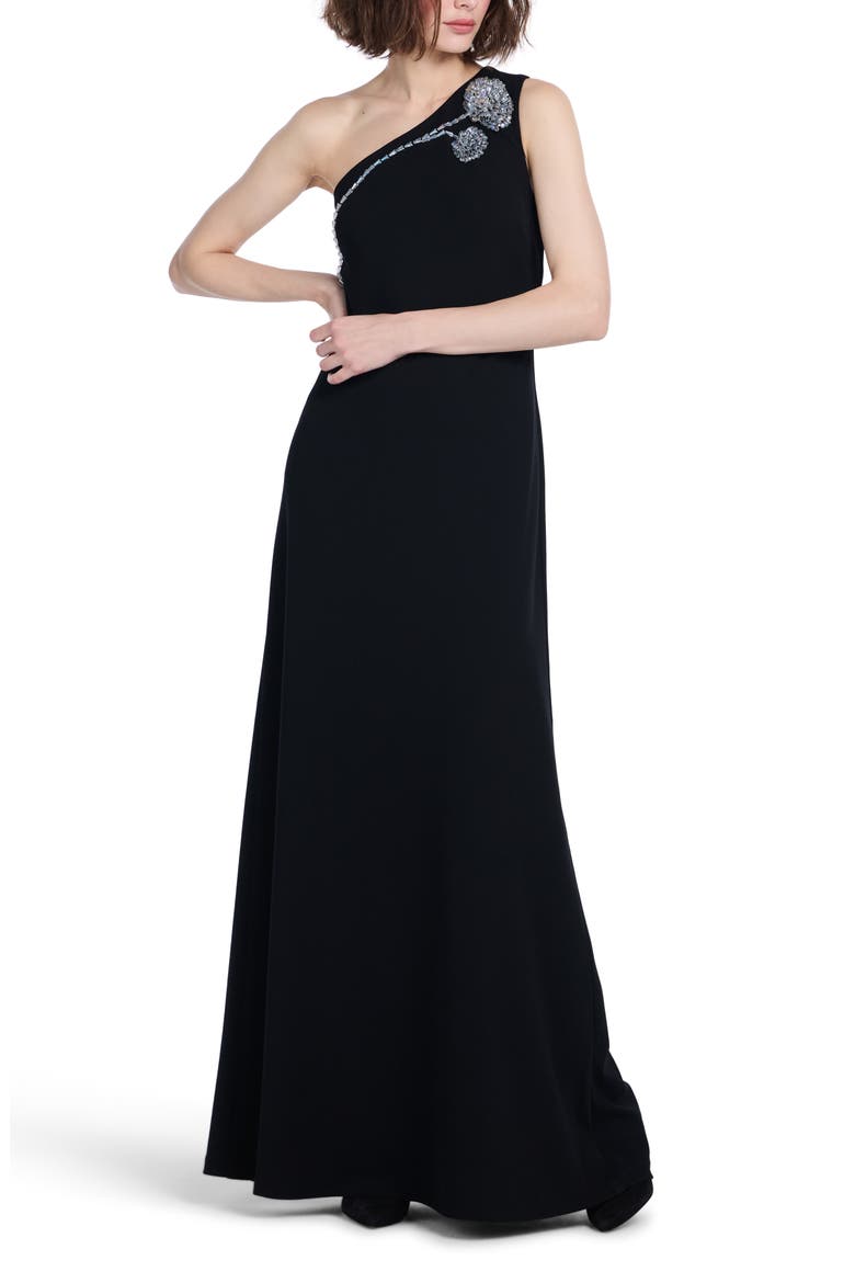 Crystal One-Shoulder Stretch Crepe Gown, Alternate, color, BLACK