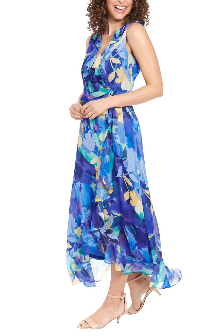 Yuryu Floral Ruffle Wrap Dress, Alternate, color, BLUE MULTI