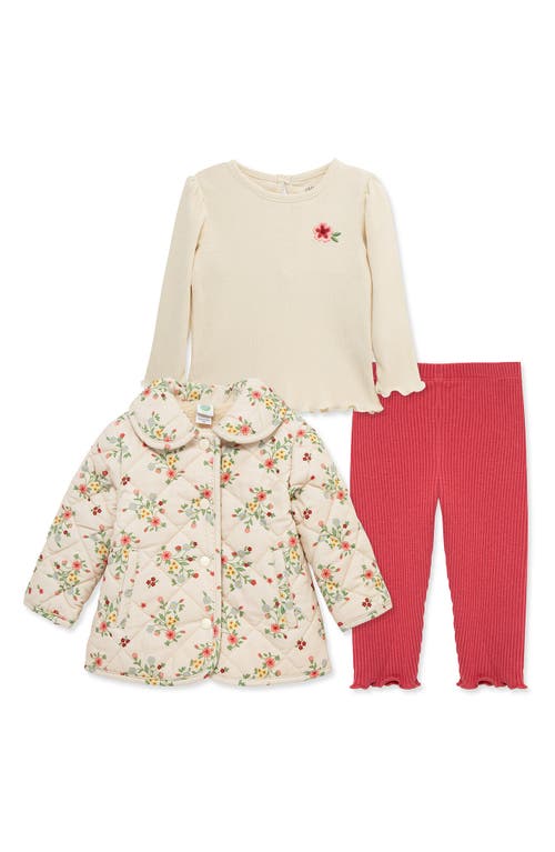 Little Me Floral Quilted Jacket, Long Sleeve Top & Leggings Set In Red