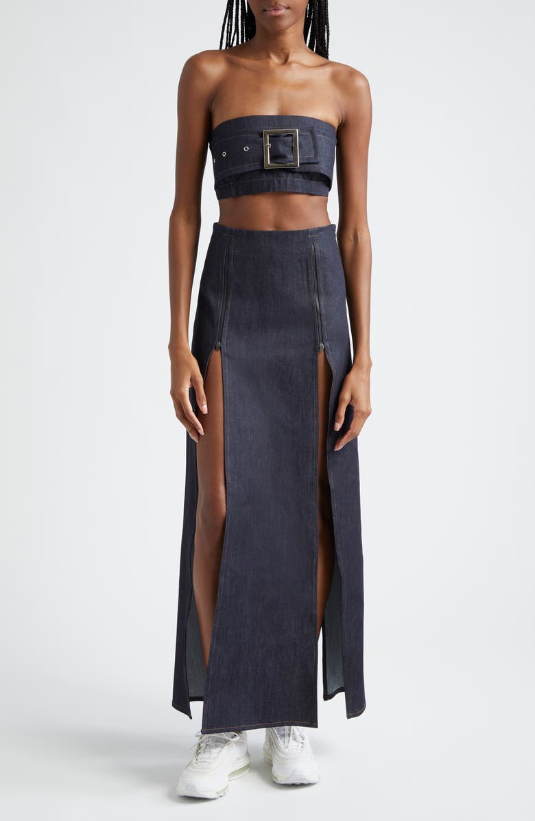 Sammy B Belted Strapless Denim Crop Top, Alternate, color, Blue