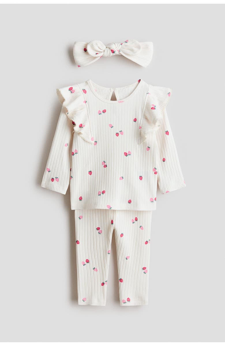 H&M 3-piece Printed Cotton Set, Main, color, White/Strawberries