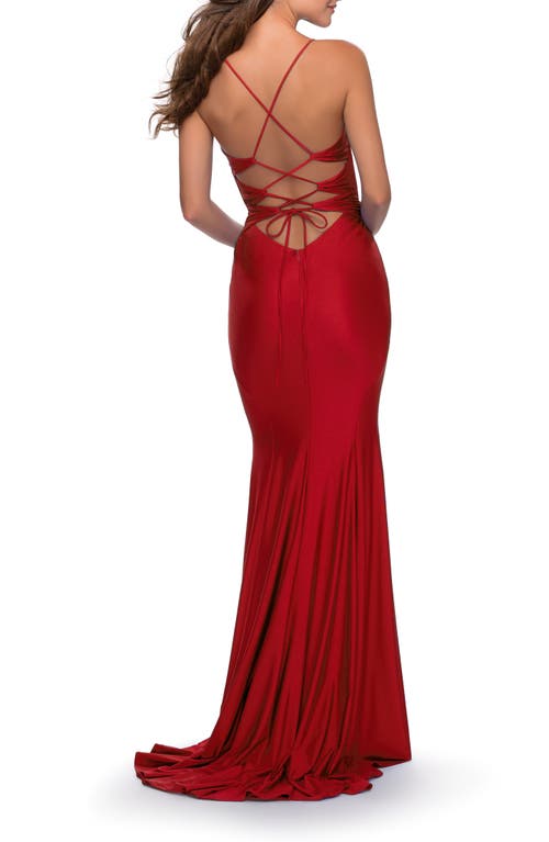 La Femme Long Dress With Knotted Detail And Lace Up Back In Red