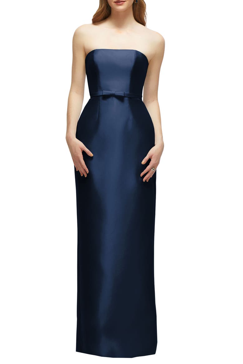 Strapless Bow Belt Satin Twill Column Gown, Main, color, MIDNIGHT