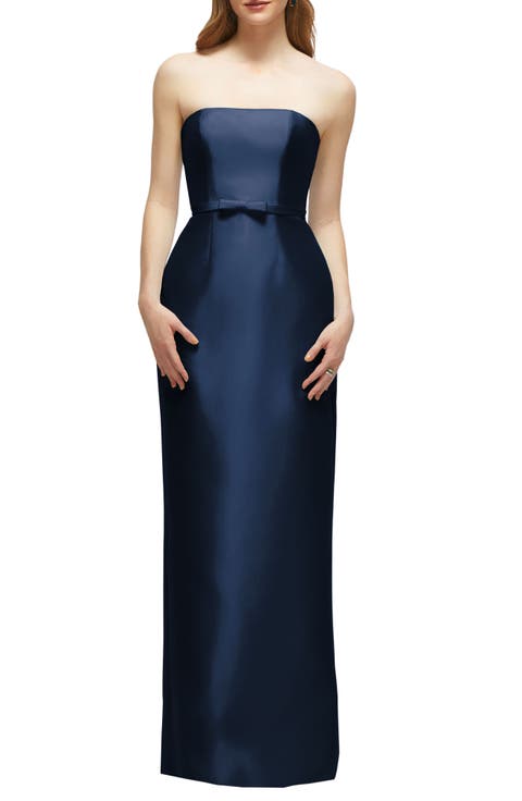 Strapless Bow Belt Satin Twill Column Gown