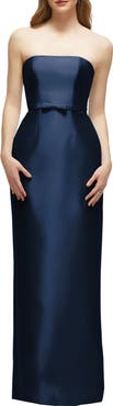 Alfred Sung Strapless Bow Belt Satin Twill Column Gown