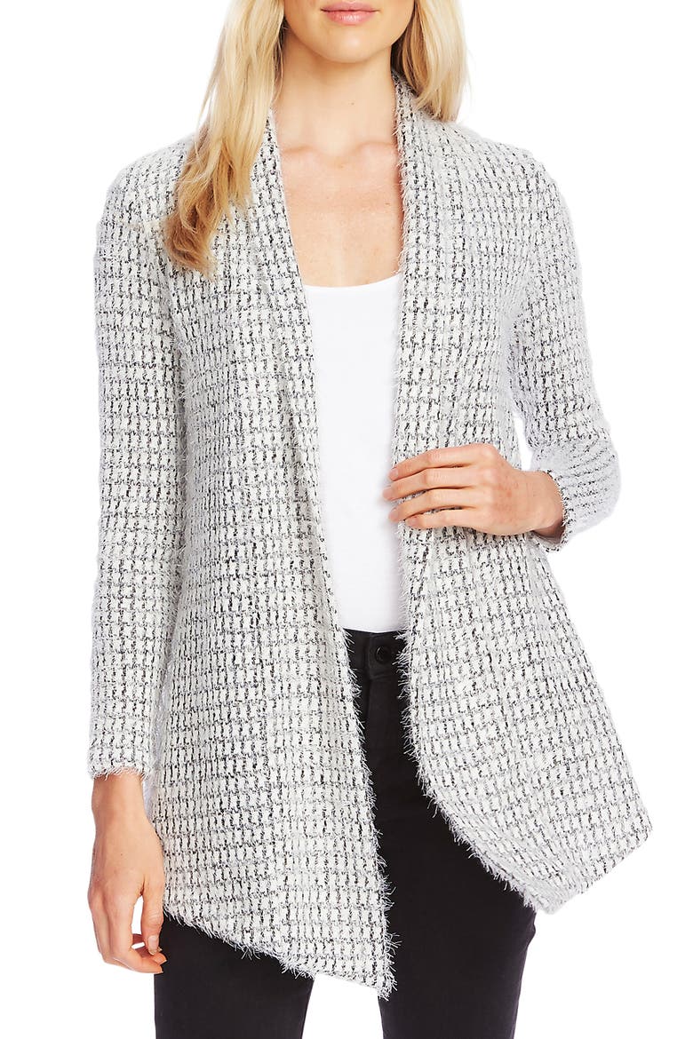 Drape Front Eyelash Houndstooth Cardigan, Main, color, RICH BLACK