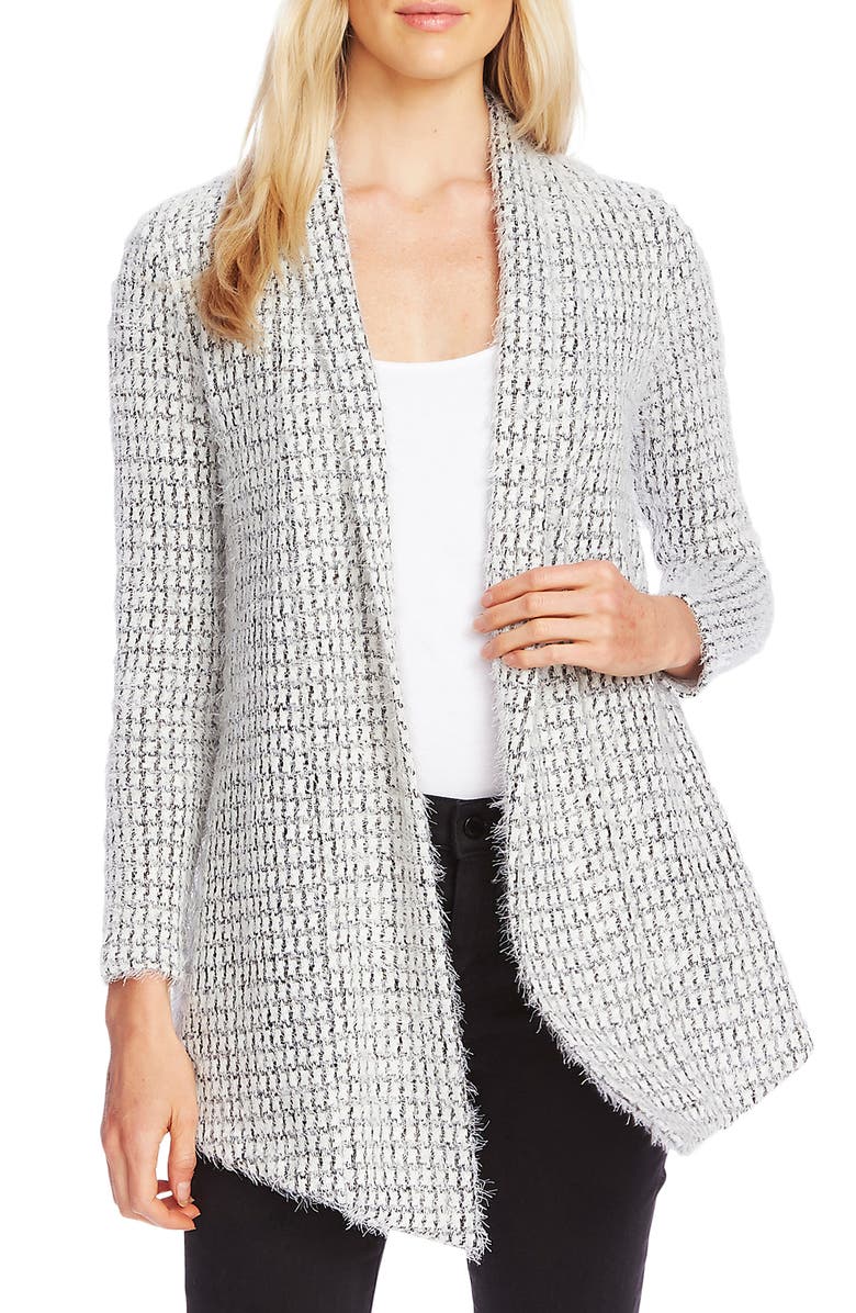 Vince Camuto Drape Front Eyelash Houndstooth Cardigan, Main, color, 