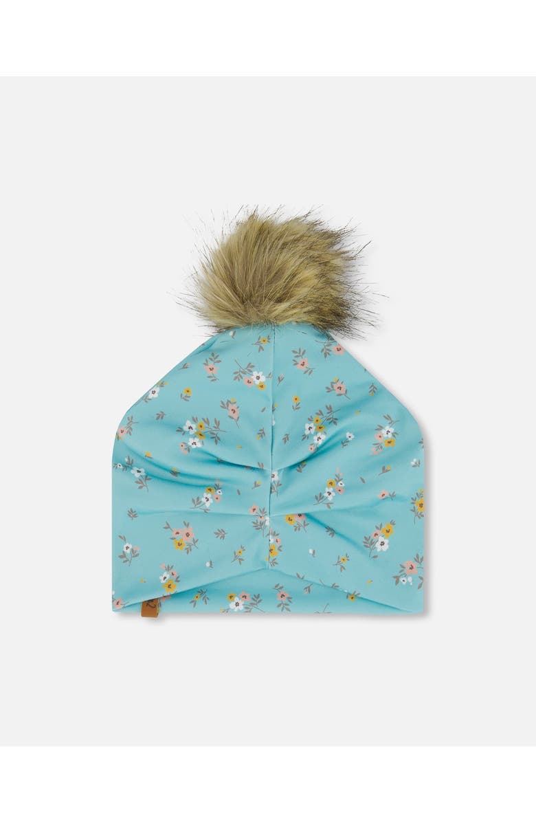 Deux par Deux Baby Girl's Detachable Pompom Hat Blue Little Flowers Print, Alternate, color, 