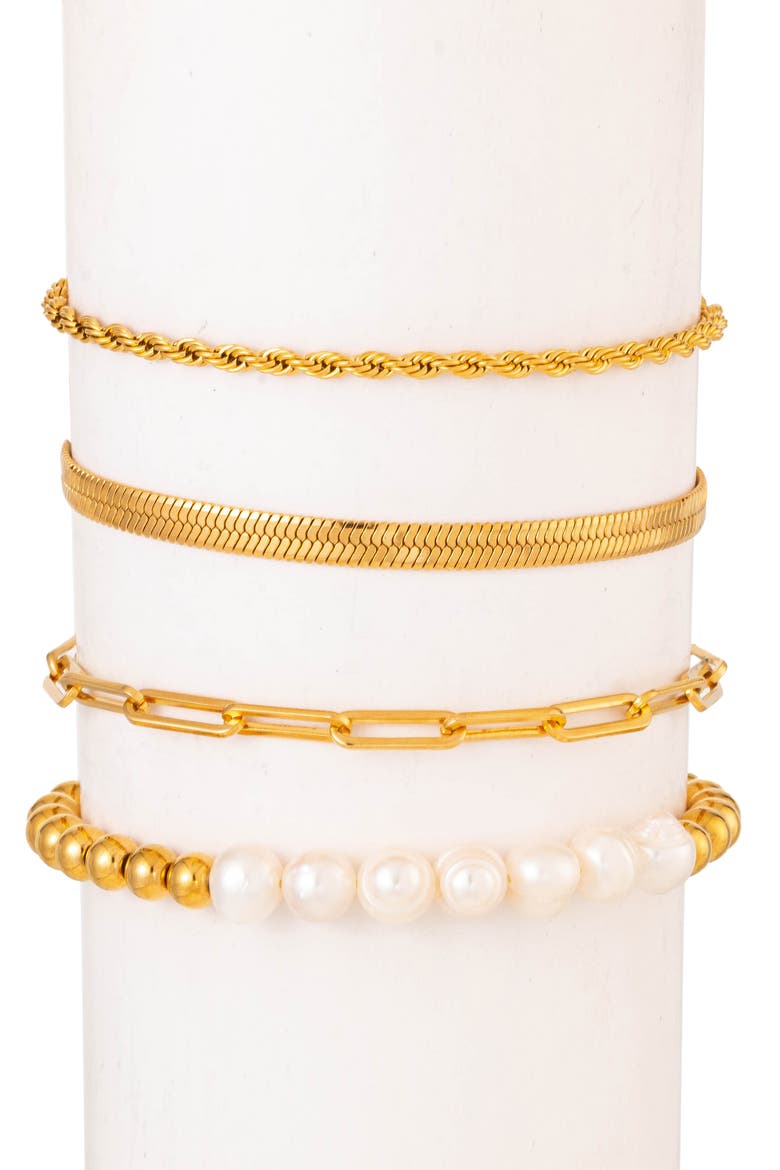 Ambre Set of 4 Imitation Pearl & Chain Bracelets, Main, color, GOLD