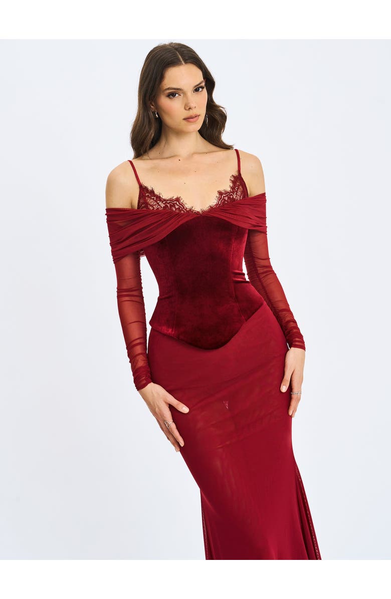 Miss Circle Maybelle Bardot Lace Strap Peplum Maxi Dress, Alternate, color, Magenta