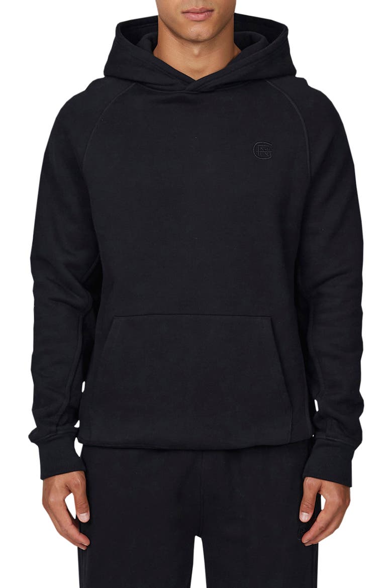 Ribbed Emblem Pullover Hoodie, Main, color, Black