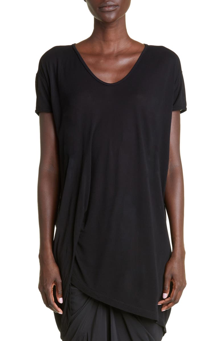 Rick Owens Women's Hiked Draped Asymmetric Jersey T-Shirt, Main, color, 