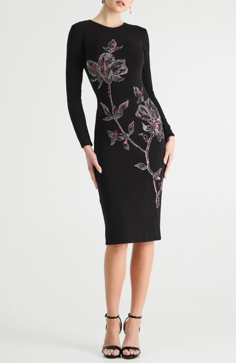 Ivy Beaded Floral Long Sleeve Body-Con Cocktail Midi Dress