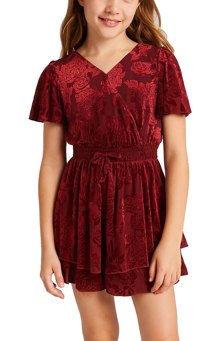 Zunie Kids' Burnout Velvet Romper, Alternate, color, Burgundy
