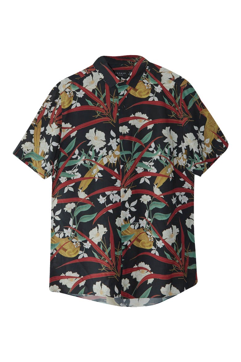 Bird & Floral Print Short Sleeve Button-Up Shirt, Main, color, BLACK MULTI