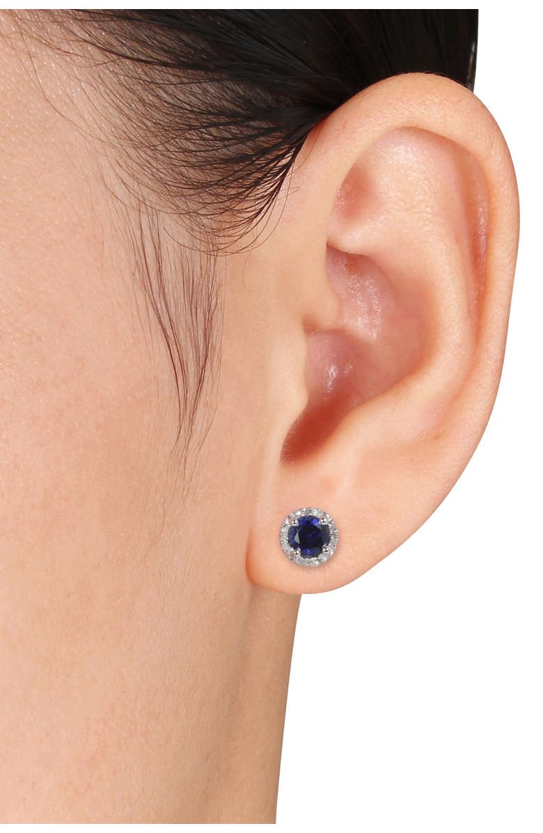 DELMAR Sterling Silver Created Blue Sapphire & Diamond Round Stud Earrings, Alternate, color, Blue