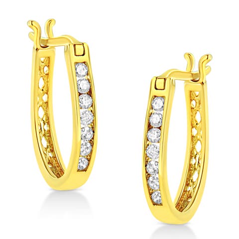 14K Yellow Gold Plated Silver 1/4 Ct Diamond Leverback 3/4" Inch Hoop Earrings
