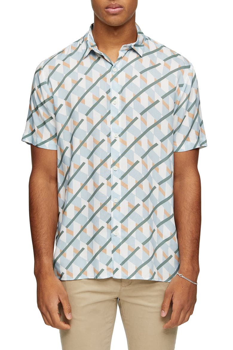 Large Geometric Short Sleeve Button-Up Shirt, Main, color, BLUE