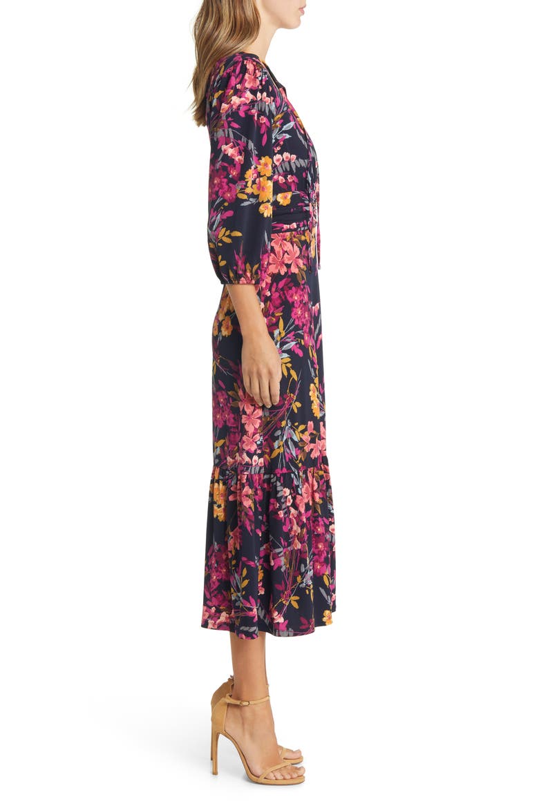 Floral Print Ruched Midi Dress, Alternate, color, DARK NAVY/ DUSTY CORAL
