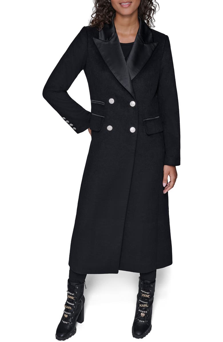 KARL LAGERFELD PARIS Tuxedo Wool Blend Longline Coat, Main, color, Black