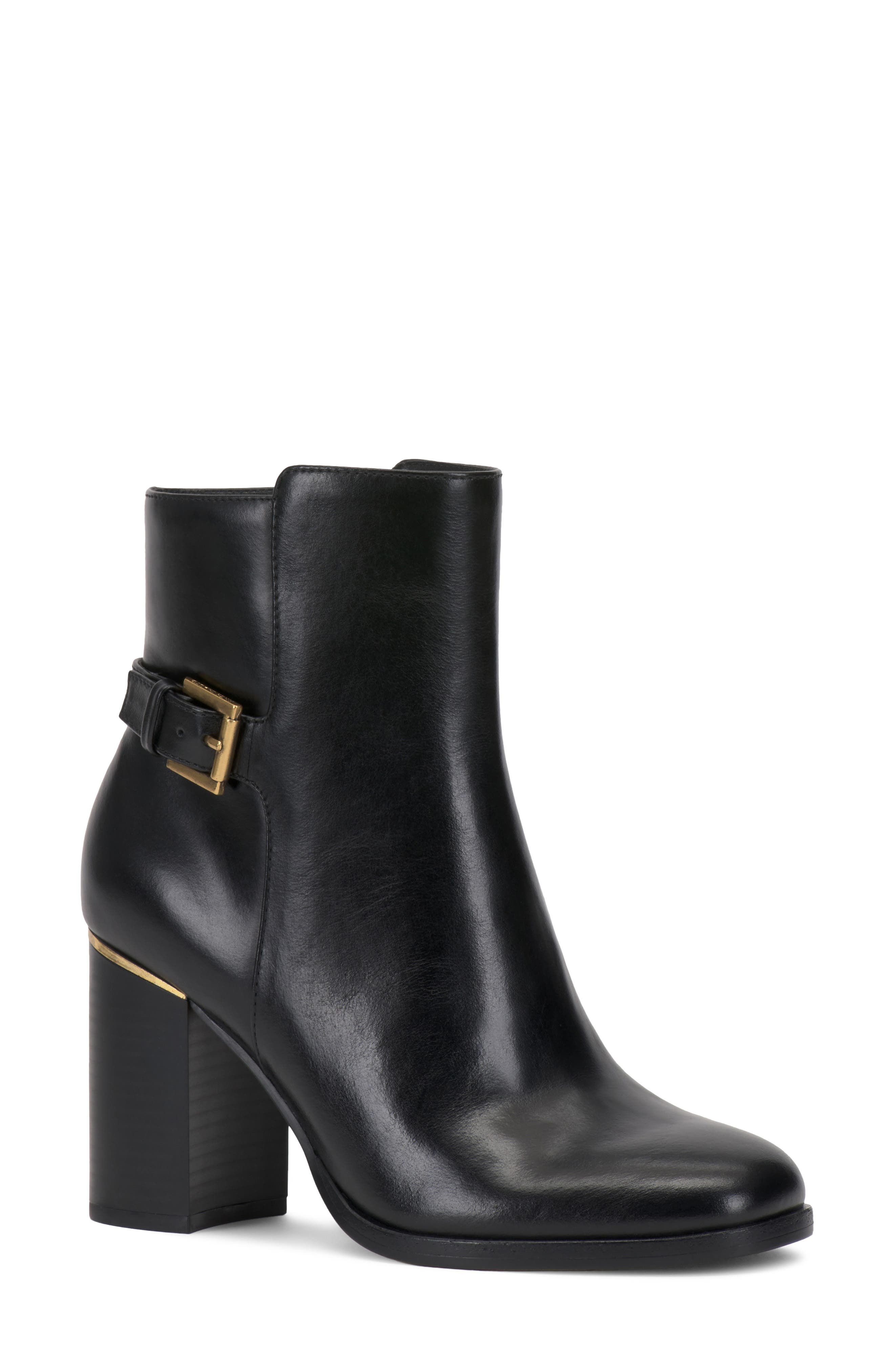 Melvani Leather Bootie, Main, color, BLACK