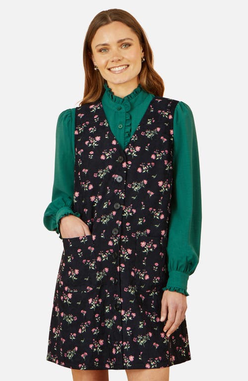Yumi Floral Print Pinafore Dress In Black
