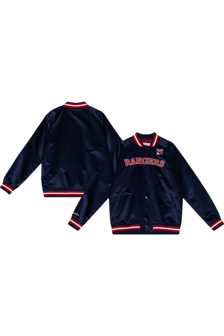 Men's Mitchell & Ness Navy New York Rangers Satin Full-Snap Varsity Jacket, Main, color, Navy
