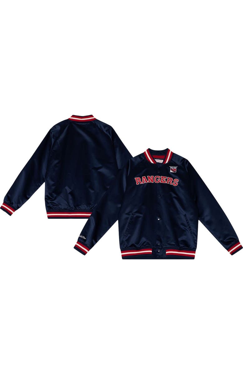 Mitchell & Ness Men's Mitchell & Ness Navy New York Rangers Satin Full-Snap Varsity Jacket, Main, color,