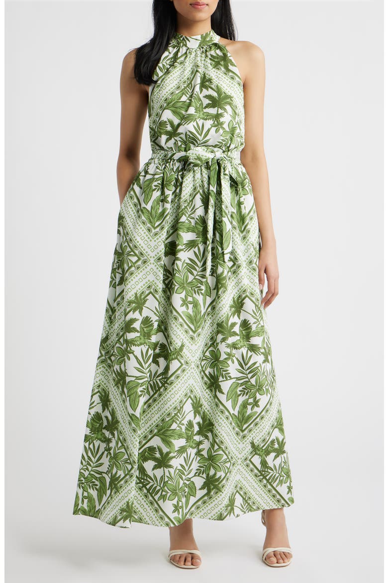 Sleeveless Tie Belt Maxi Dress, Main, color, GREEN MULTI