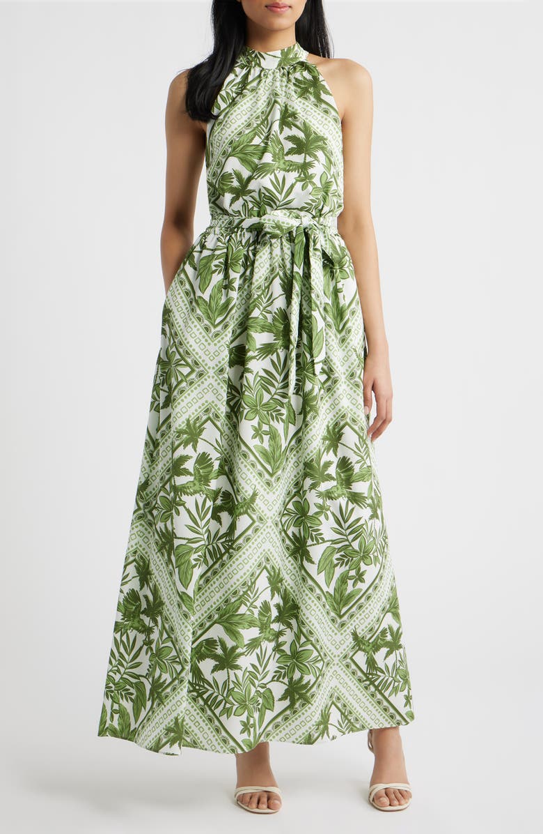 Julia Jordan Sleeveless Tie Belt Maxi Dress, Main, color, Green Multi