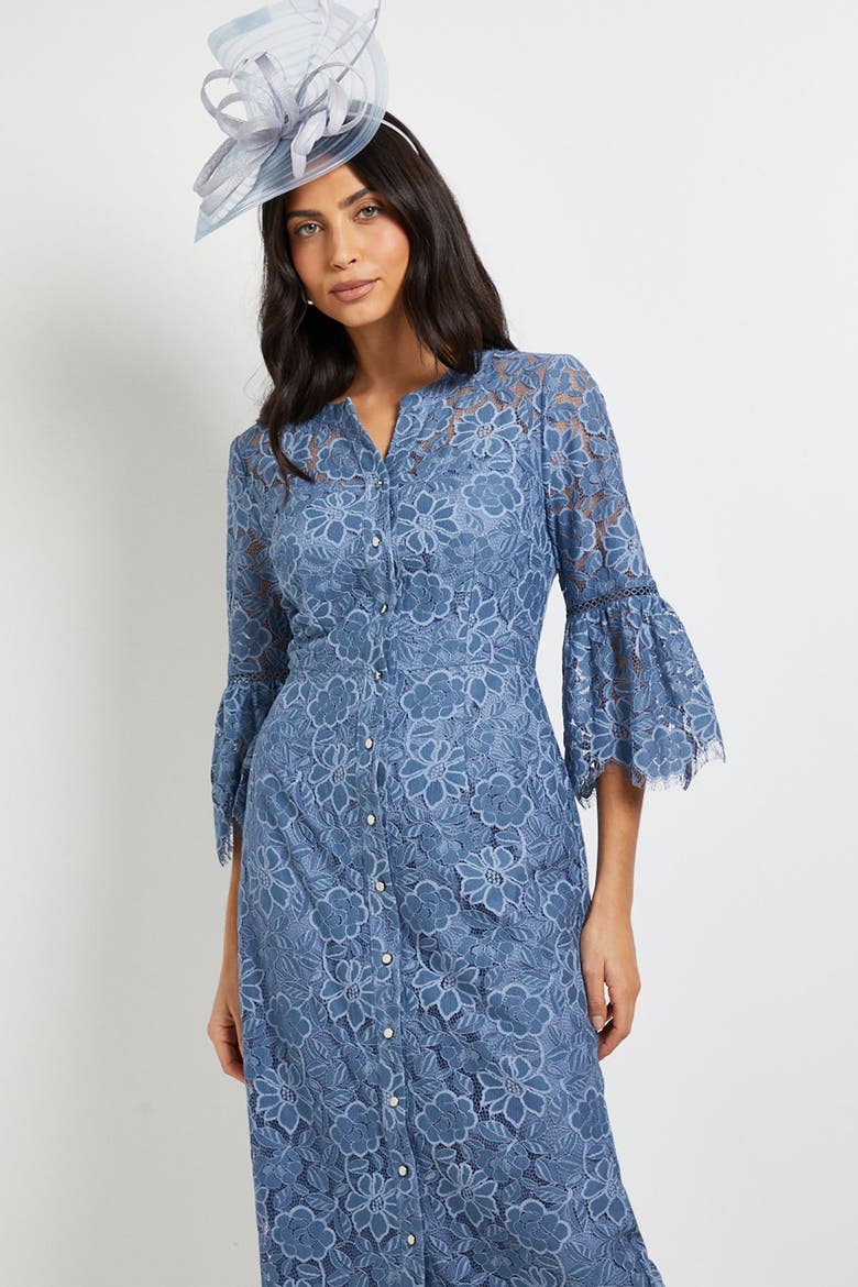 Lace Button Flute Sleeve Midi Dress, Alternate, color, Blue