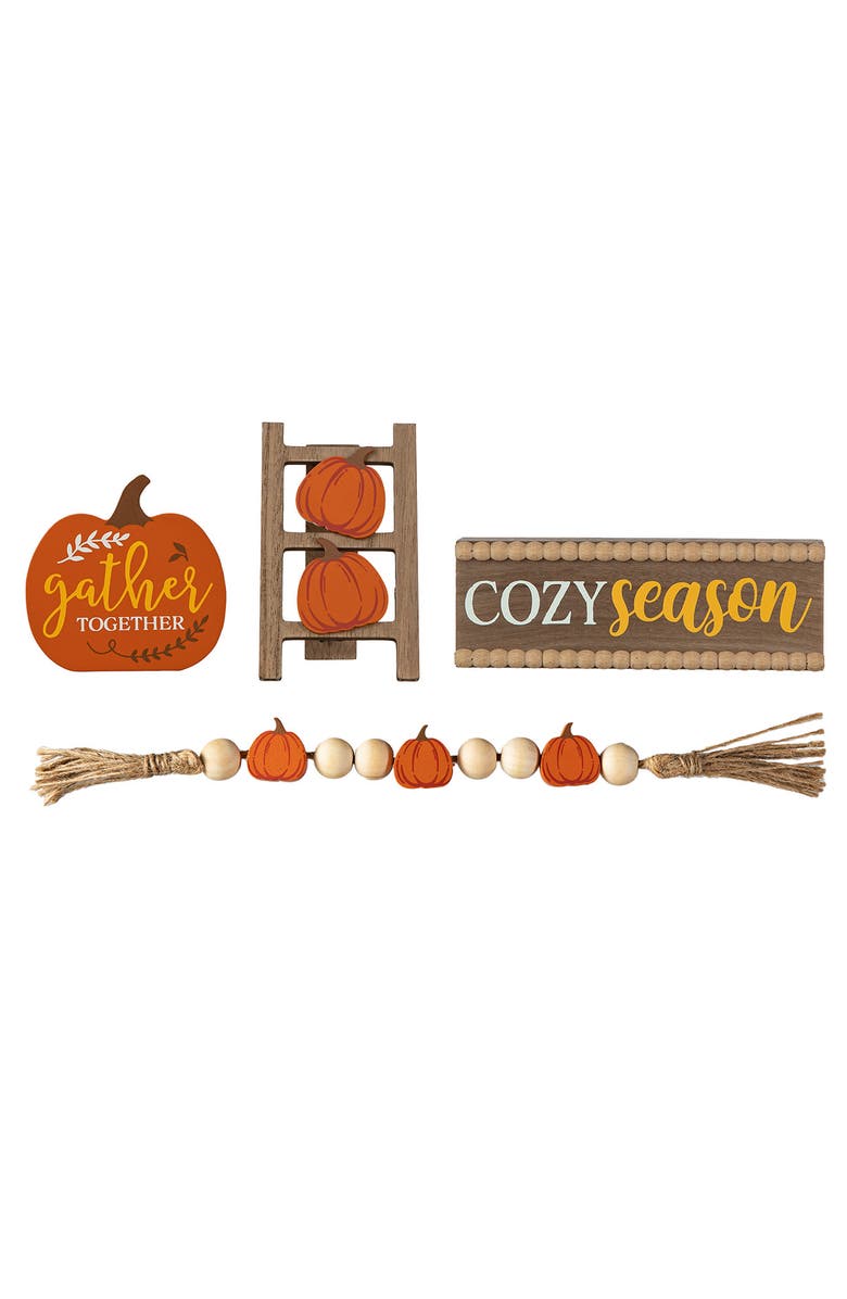 Glitzhome Set of 4 Fall Wooden Word Signs Tiered Tray Table Decor, Alternate, color, 