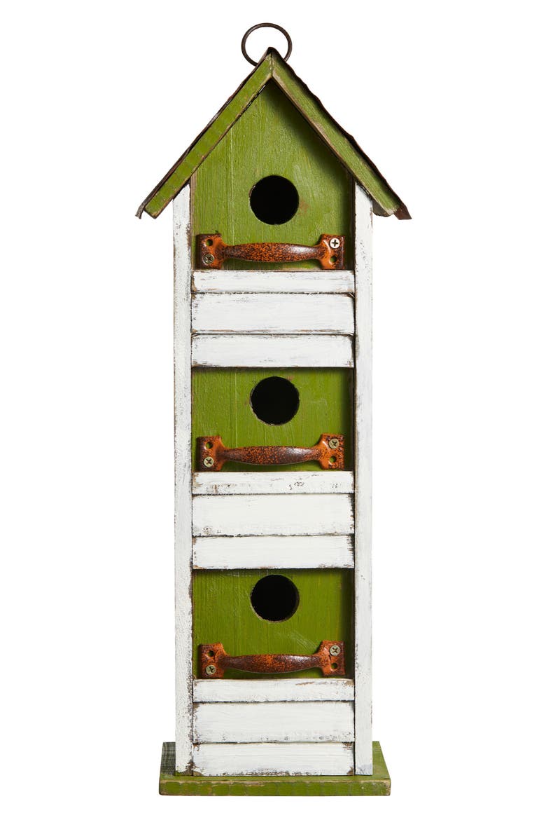 18"H Solid Wood Cottage with Shutter Texture Decorative Outdoor Garden Birdhouse, Main, color, Green
