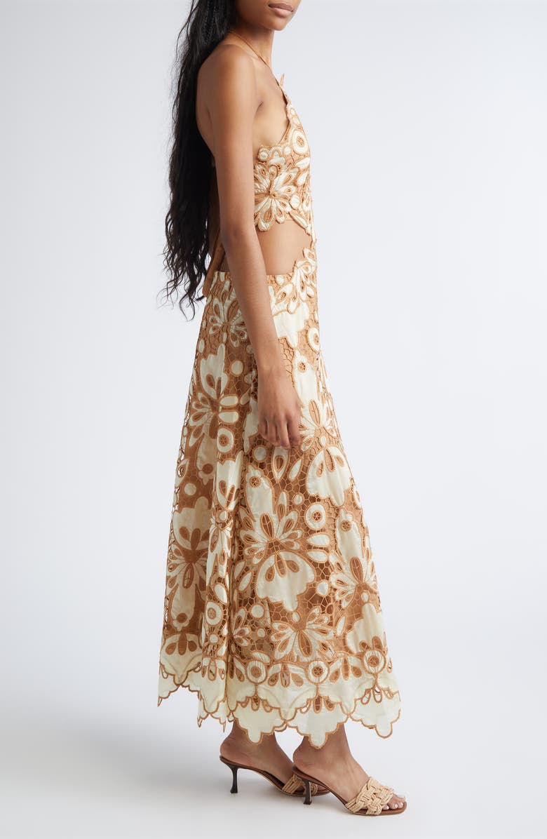 Johanna Ortiz Morning Groove Cutout Guipure Lace Maxi Dress, Alternate, color, Ecru / Camel