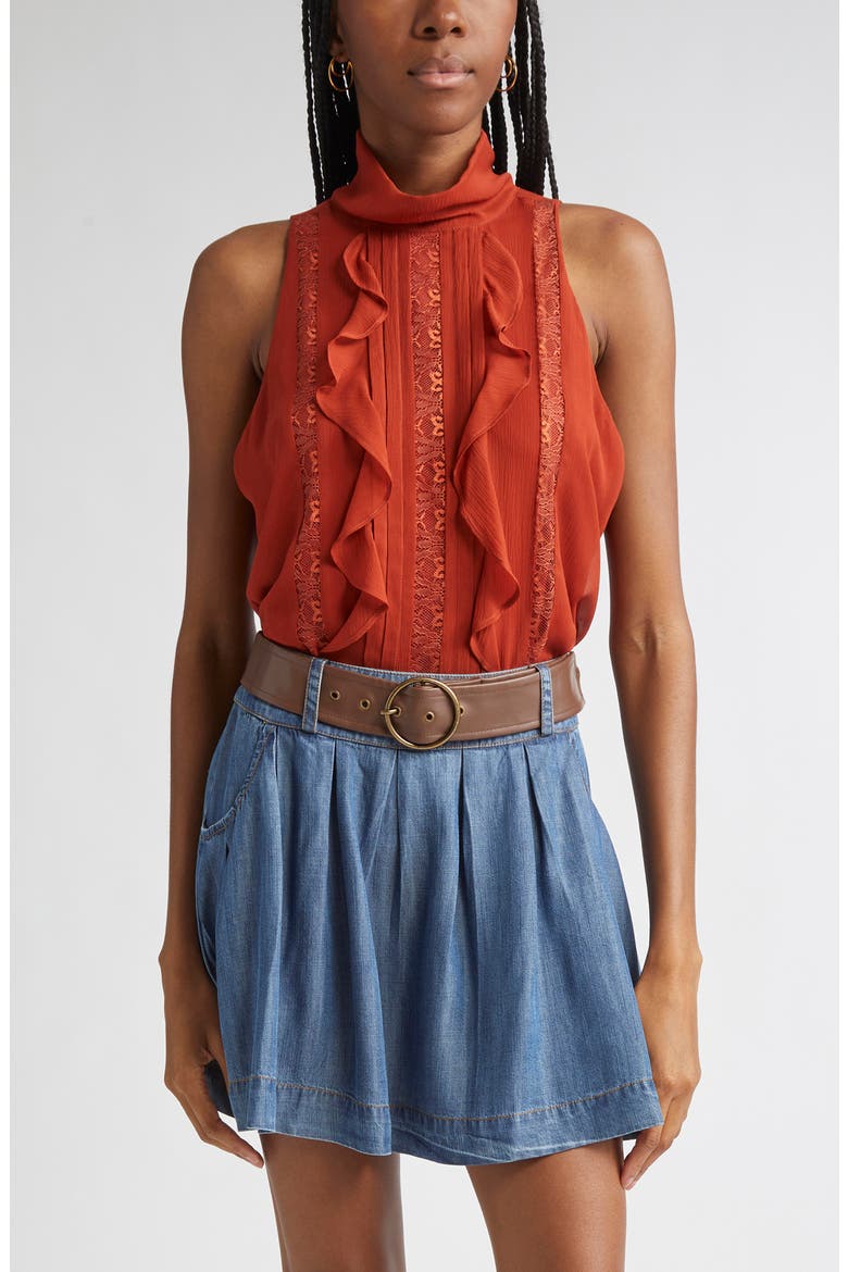 Christing Lace & Ruffle Detail Sleeveless Silk Top, Main, color, AMBER