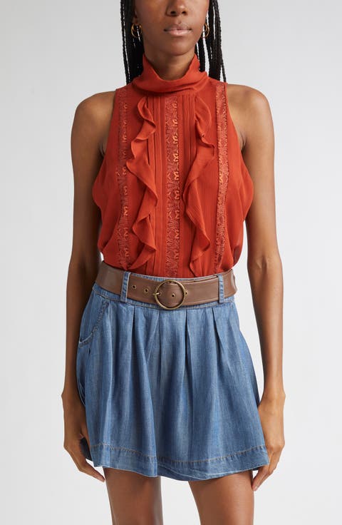 Christing Lace & Ruffle Detail Sleeveless Silk Top