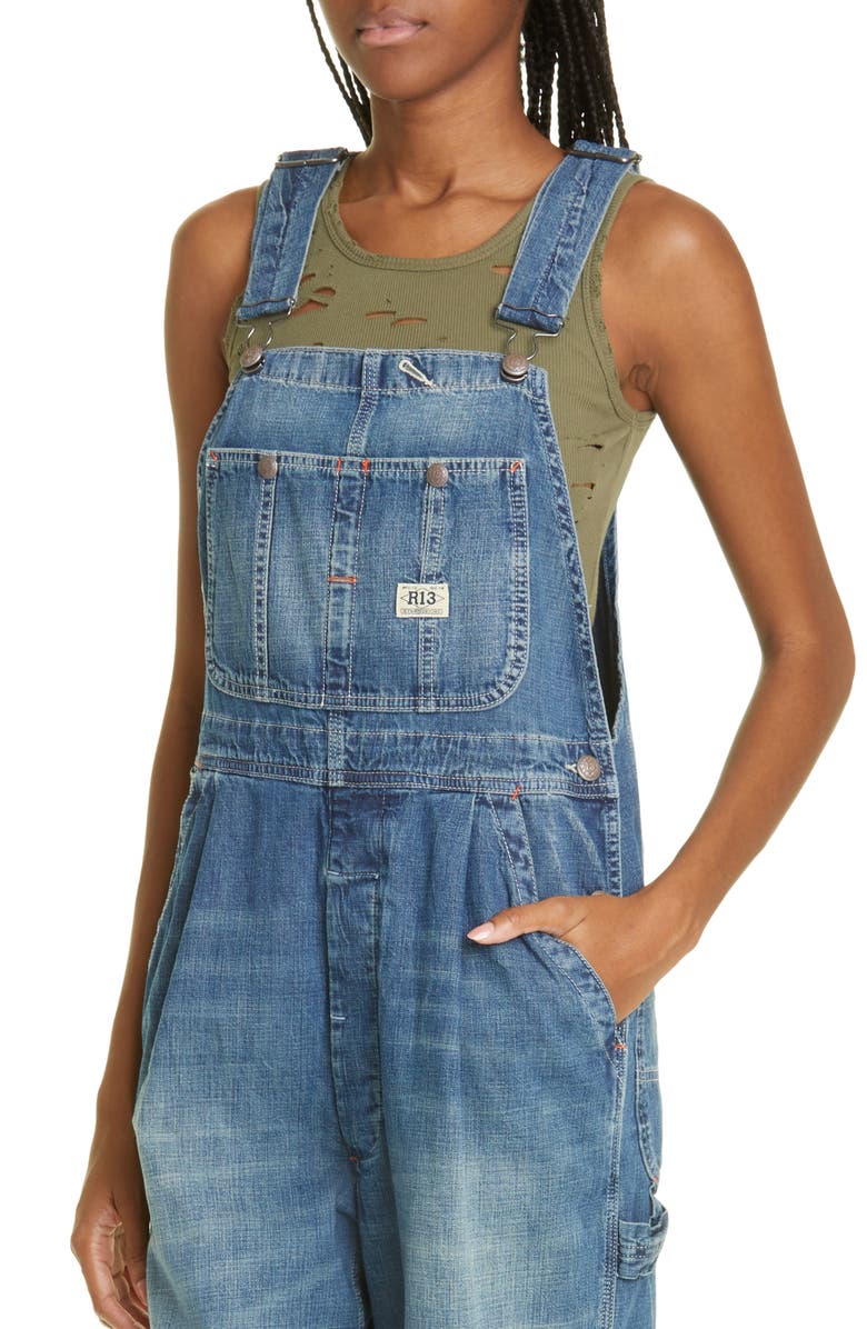 R13 Damon Pleated Wide Leg Denim Overalls, Alternate, color,