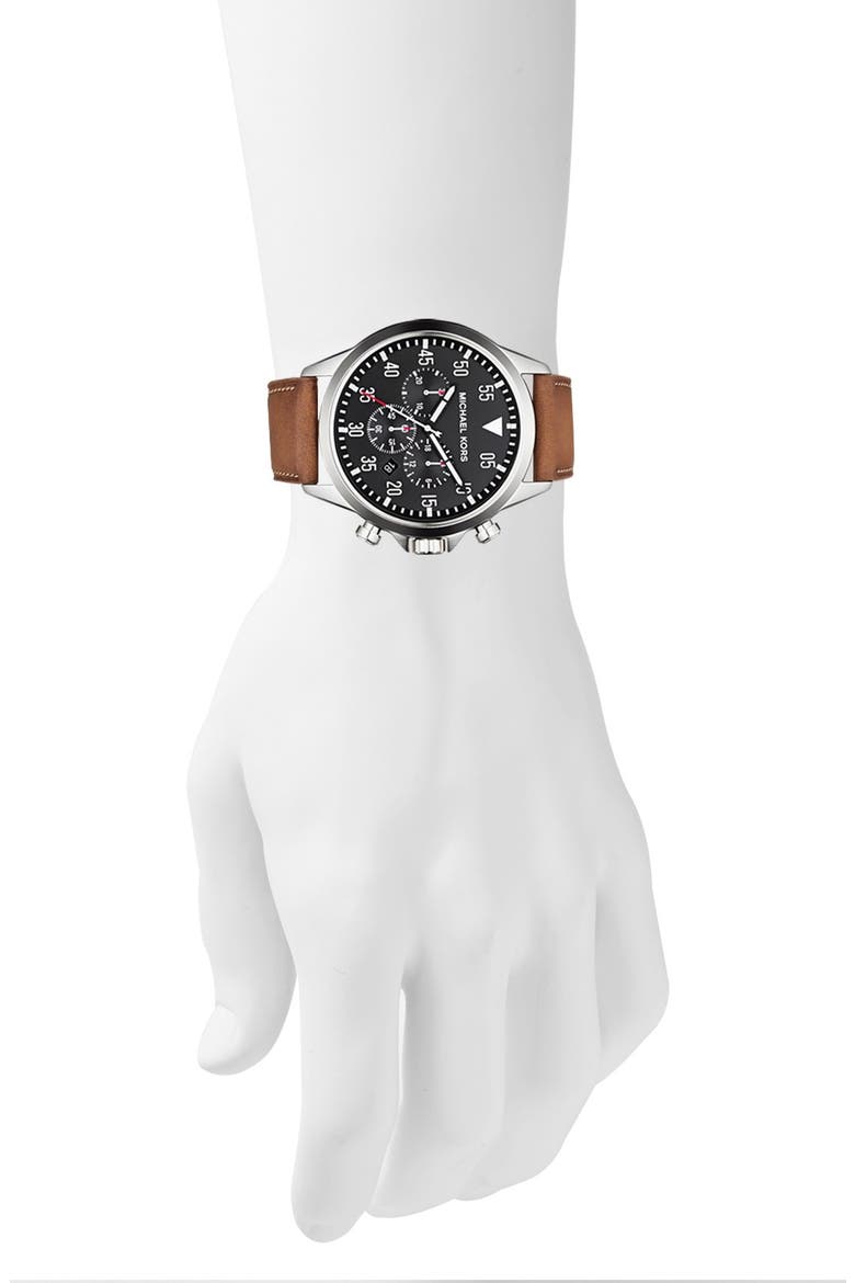 'Gage' Chronograph Leather Strap Watch, 45mm, Alternate, color, LUGGAGE/ SILVER