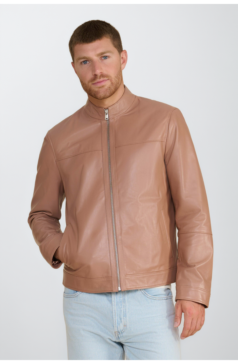 Furniq UK Otis Racer Leather Jacket, Main, color, Mocha Brown
