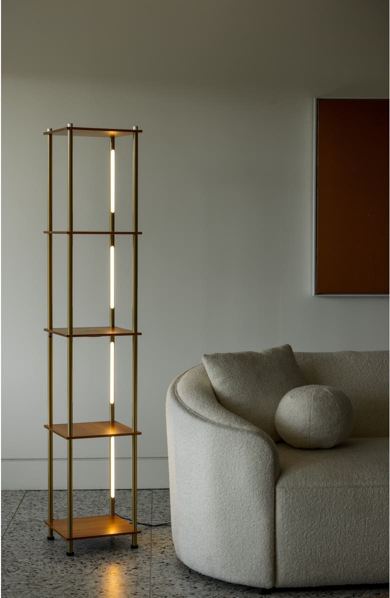 Brightech Aria 63" Touch LED Wood Shelf Floor Lamp with Wireless Charging Pad, Alternate, color, Antique Brass