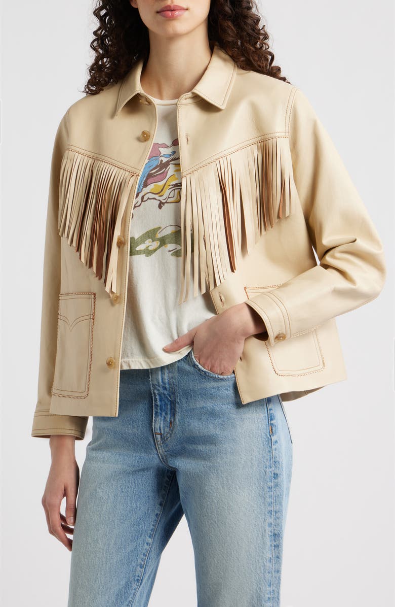 THE GREAT. The Leather Fringe Jacket, Main, color, Toasted Almond