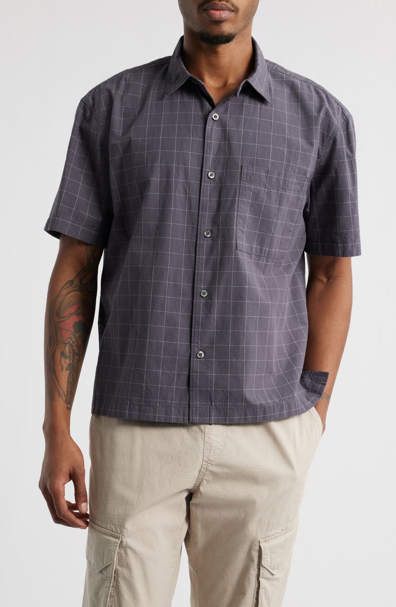 BP. Windowpane Check Short Sleeve Cotton Button-Up Shirt, Main, color, Grey Stonehenge Window Pane