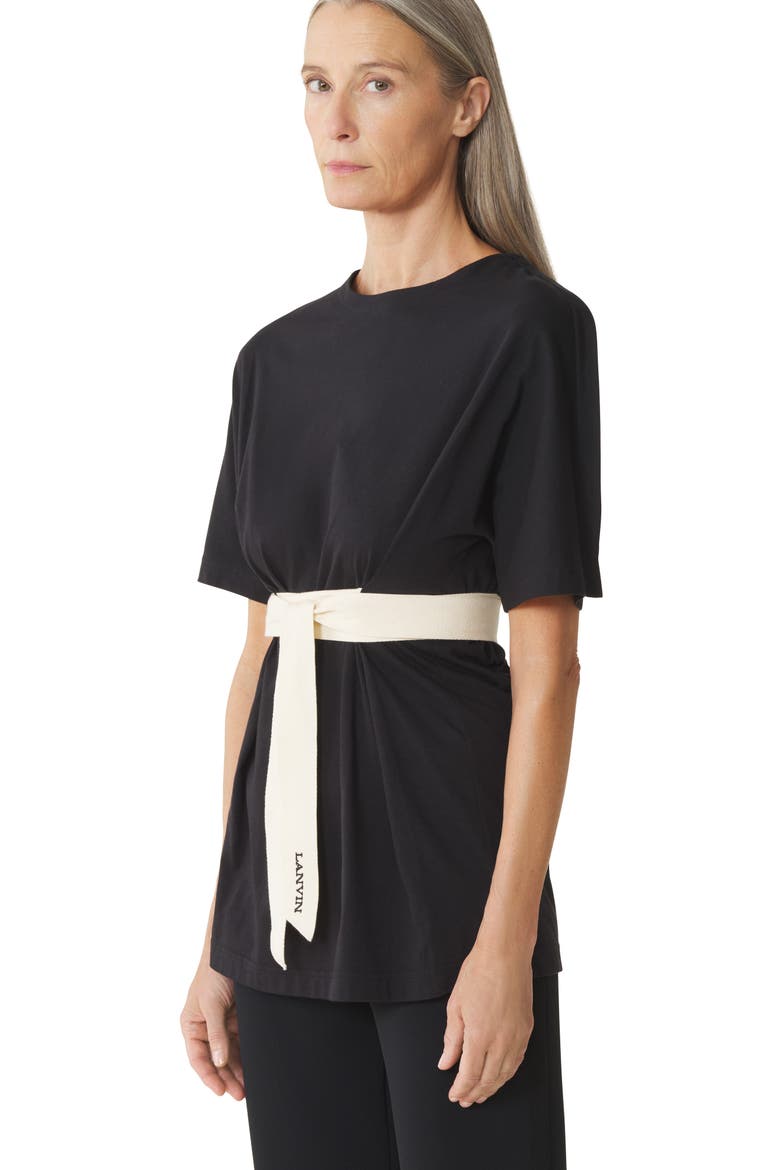 Belted T-Shirt In Cotton And Silk, Alternate, color, Black